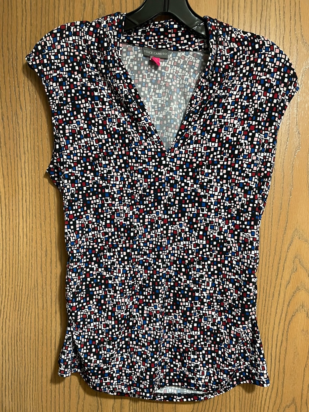 EUC Vince Camuto Top in Black with Geo-Print in Red, White & Blue